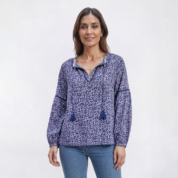 Womens LANDS END(R) Ruffle Neck Ditsy Floral Blouse - image 