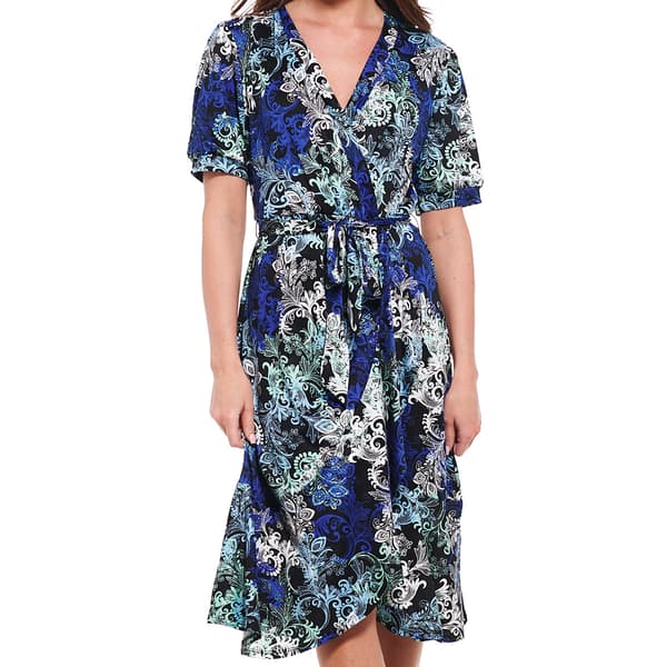 Womens NY Collection Elbow Sleeve Print Wrap Dress