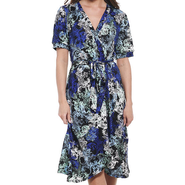 Womens NY Collection Elbow Sleeve Print Wrap Dress