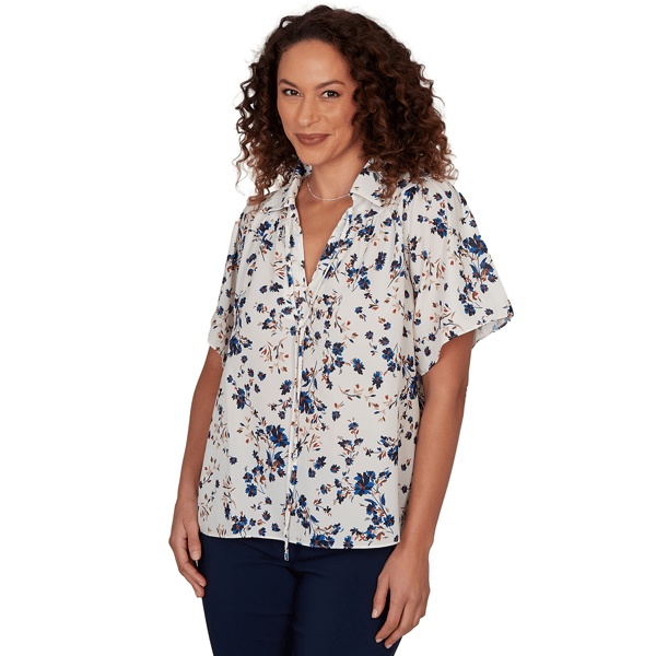 Petite Emaline Summer In The City Tie Neck Floral Blouse