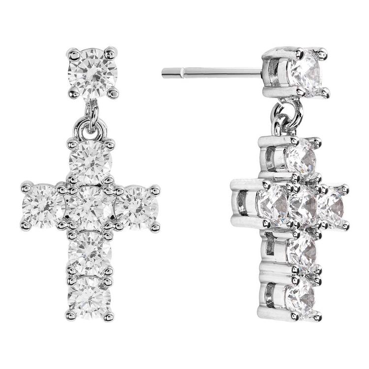 Athra Silver Plated CZ Cross Drop Earrings