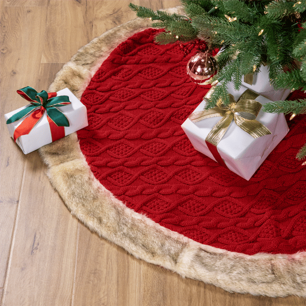 Northlight 48in. Cable Knit Christmas Tree Skirt w/ Faux Fur Trim - image 