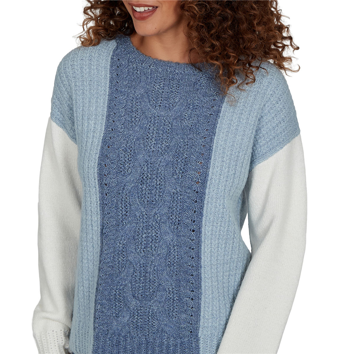 Womens Skye’s the Limit Icy Blue Sparkle Color Block Sweater