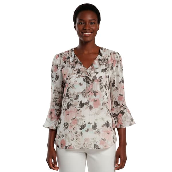 Petite Kasper 3/4 Bell Sleeve Spaced Floral Ruffle Neck Blouse - image 