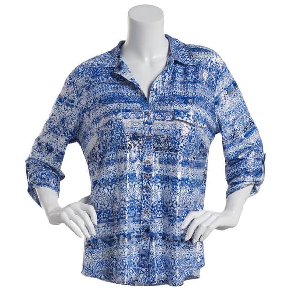Womens Emily Daniels 3/4 Sleeve Button Down Foil Shirt - image 