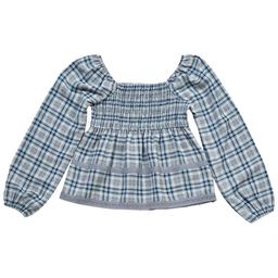 Girls (7-16) No Comment Long Sleeve Plaid Smocked Babydoll Top