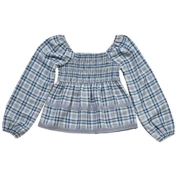 Girls (7-16) No Comment Long Sleeve Plaid Smocked Babydoll Top - image 