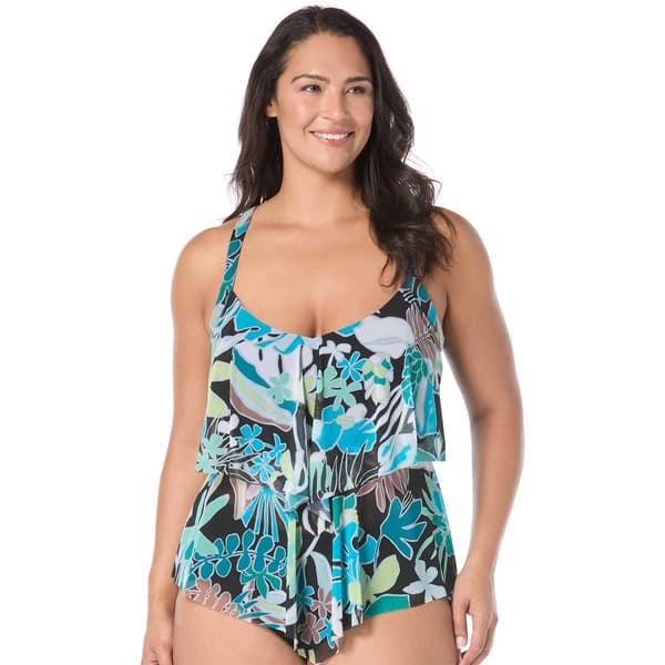 Plus Size Beach House Eclectic Bloom Tiered Tankini Swim Top