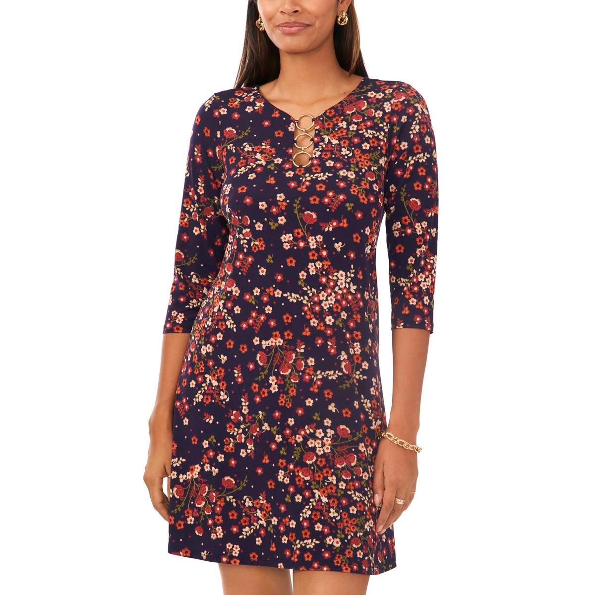 Robe MSK Taille 1X – Noire à Motif Floral, Manches 3/4, Coupe Fourreau, Occasion Très Bon état