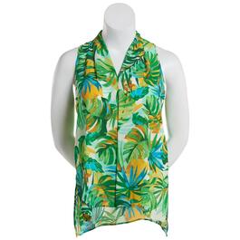Womens Floral & Ivy Sleeveless Tropical Leaves Invert Pleat Blous