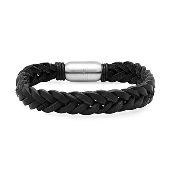 Mens Steeltime Black Leather Braided Bracelet - image 