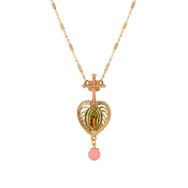 Symbols of Faith Gold-Tone Cross Pink Heart Guadalupe Necklace - image 