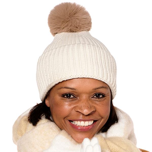 Womens Steve Madden Ribbed Knit Beanie with Faux Fur Pom