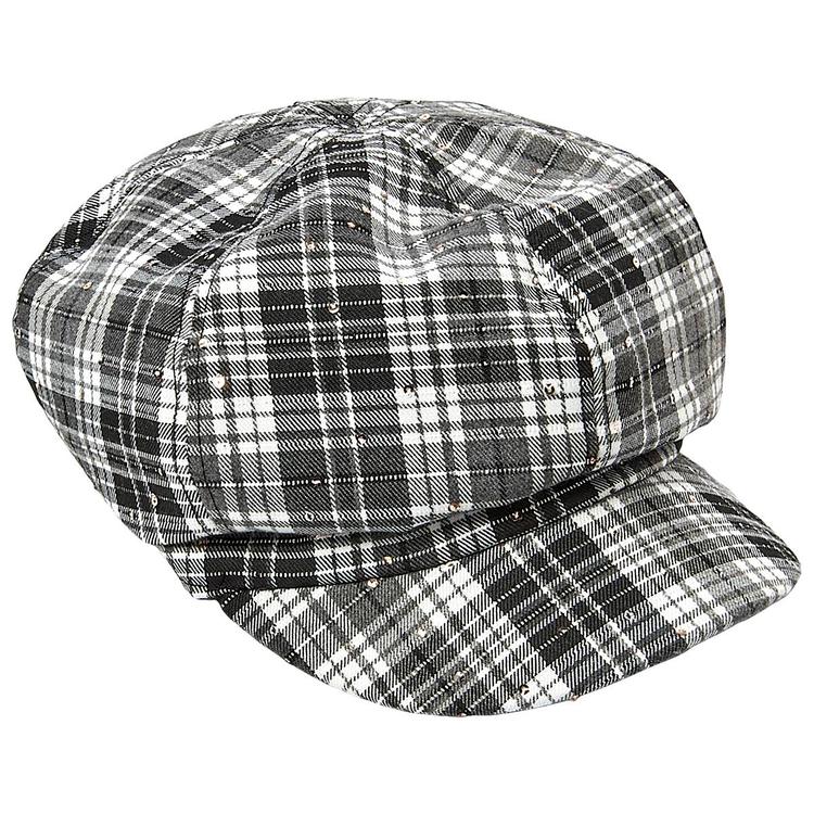 Womens Madd Hatter Black & White Plaid Cabby Hat