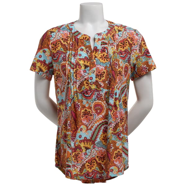 Womens Notations Short Sleeve Abstract Floral Pleated Blouse - image 
