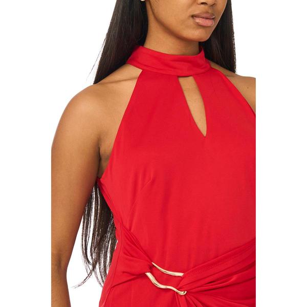 Womens MSK Sleeveless Halter Neck Solid Faux Wrap Midi Dress