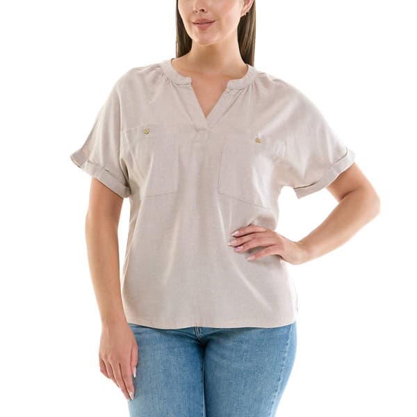 Petite Zac & Rachel Short Sleeve 2 Pocket Pullover Solid Linen T