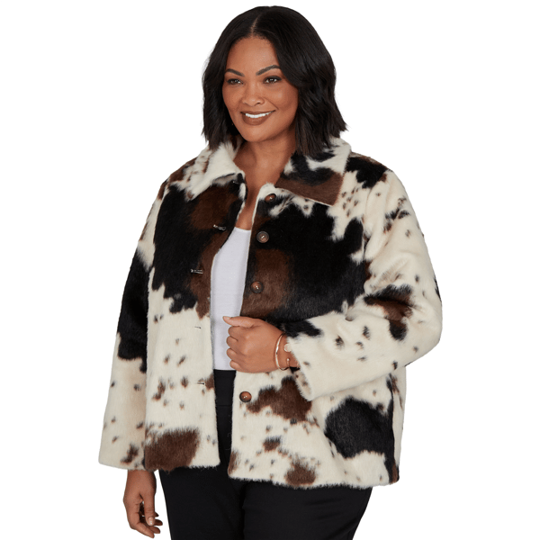 Plus Size Skye''s the Limit Wild Romance Cow Print Faux Fur Jacket