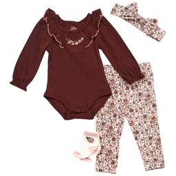 Baby Girl (3-9M) Baby Essentials Maroon Floral 4pc. Bodysuit Set