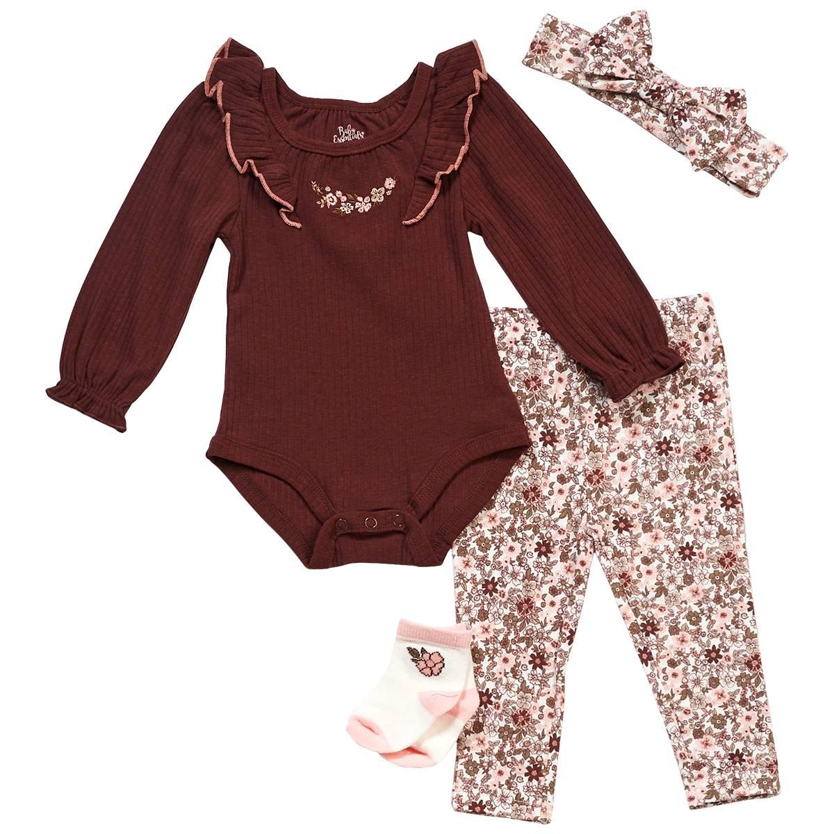 Baby Girl (3-9M) Baby Essentials Maroon Floral 4pc. Bodysuit Set