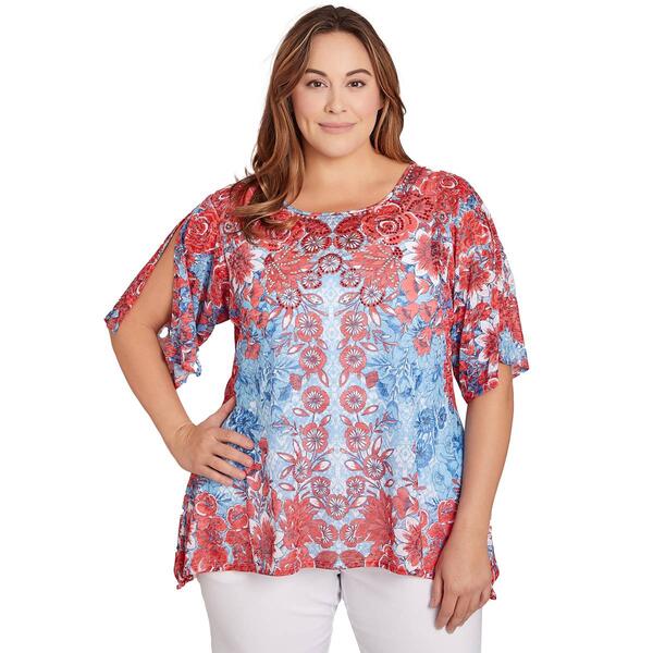 Plus Size Ruby Rd. Elbow Sleeve Knit Mirrored Overlay Top - image 