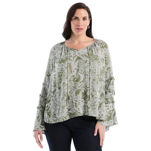 Plus Size Rafaella® Long Bell Sleeve Paisley Tie Neck Blouse - image 