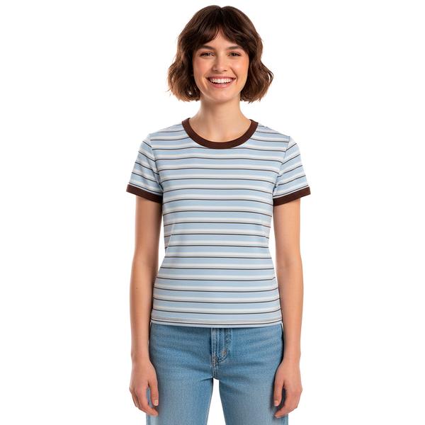 Juniors Pink Rose Striped Ringer Tee - Blue - image 