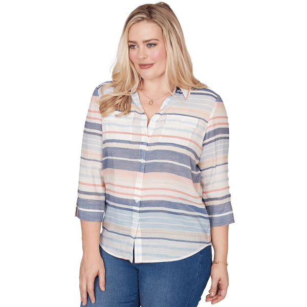 Petite Alfred Dunner Port Side Stripe Button Front Blouse