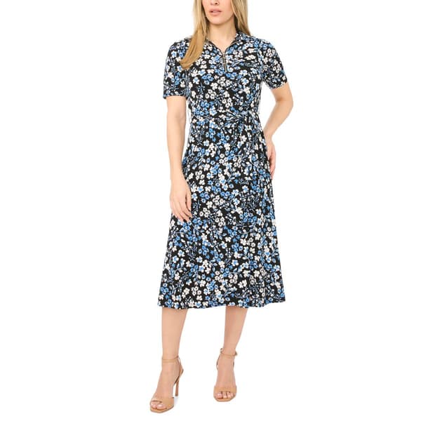 Petite MSK Short Sleeve Floral 1/4 Zipper Midi Dress - image 