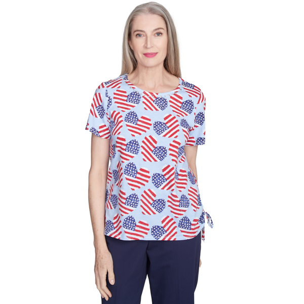 Womens Alfred Dunner Land Of The Free Flag Hearts Drawstring Tee - image 