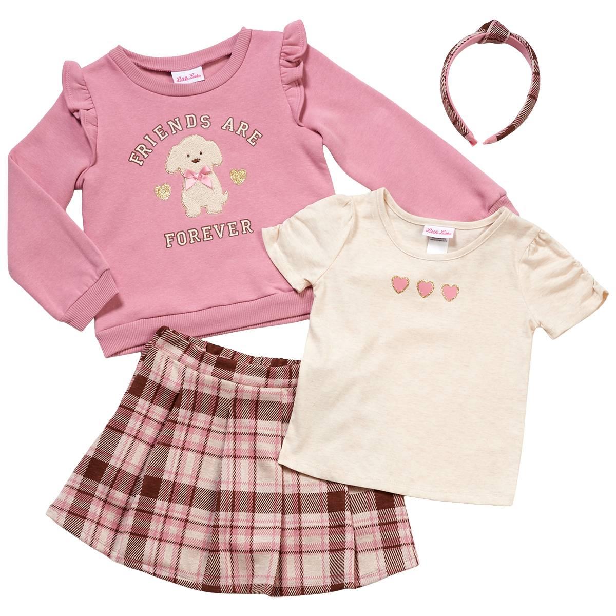 Girls (4-6x) Little Lass® 3pc. Dog Crew w/Heart Tee & Plaid Skirt