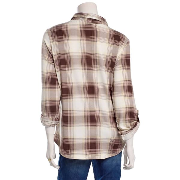 Juniors No Comment Plaid Fleece Roll Tab Sleeve Flannel-Chamomile