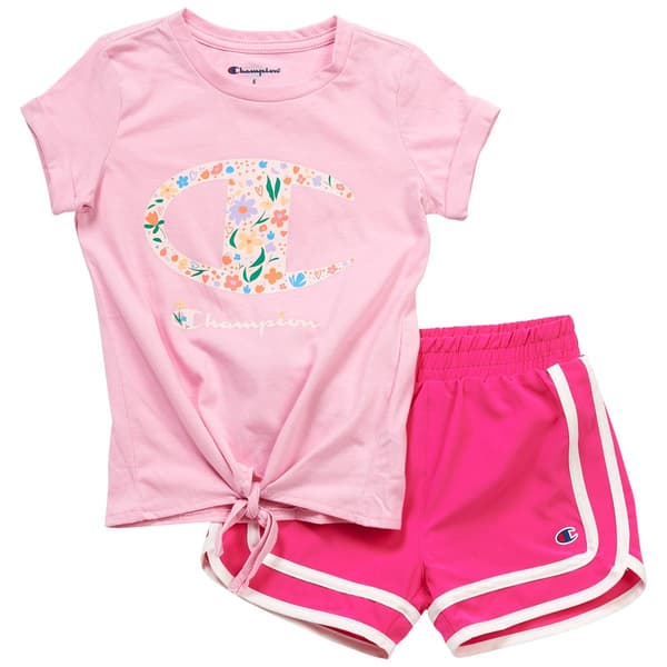 Girls (4-6x) Champion(R) Tie Front Emblem Tee & Running Shorts Set