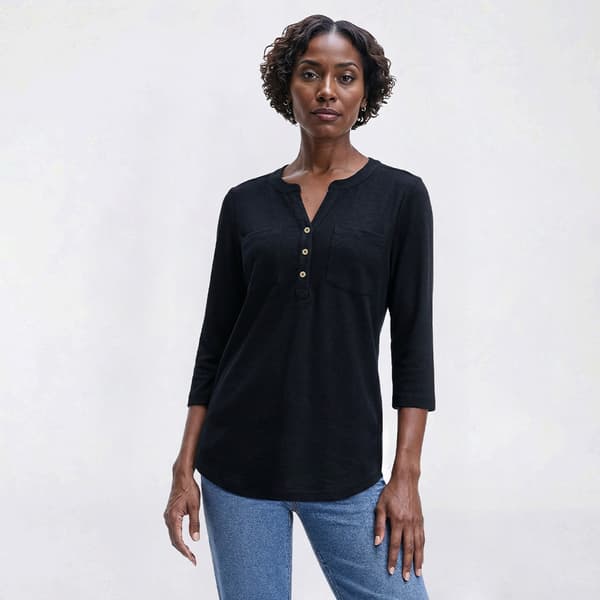 Womens Emily Daniels 3/4 Sleeve Solid Henley Blouse w/ Pockets - image 