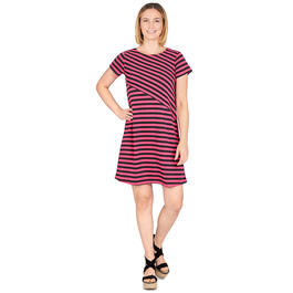 Womens Ruby Rd. Short Sleeve Asymmetric Stripe Shift Dress