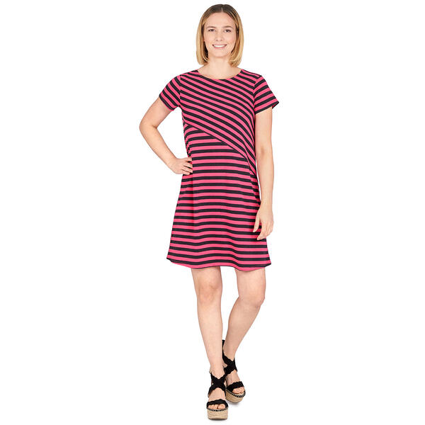 Womens Ruby Rd. Short Sleeve Asymmetric Stripe Shift Dress - image 