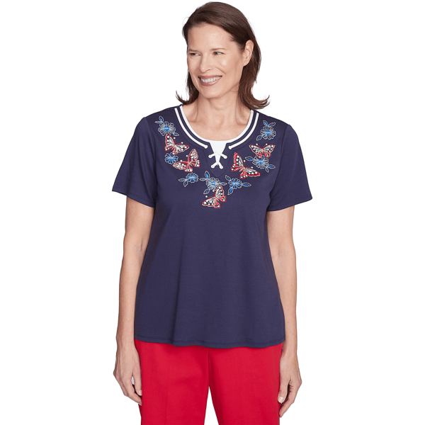 Womens Alfred Dunner Land Of The Free Butterfly Criss-Cross Tee