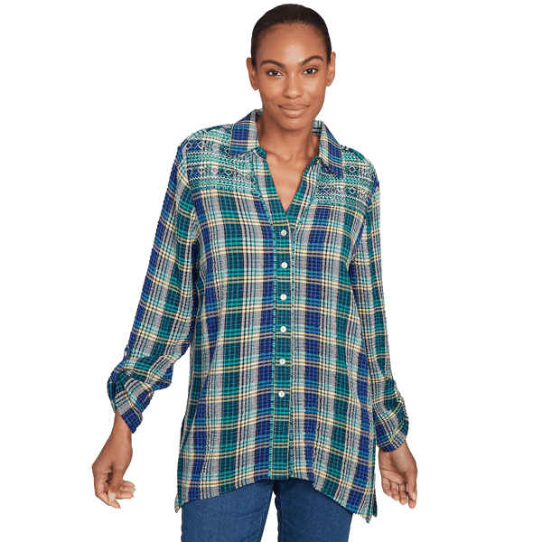 Petite Ruby Rd. Fall Flair Embroidered Plaid Button Down Blouse - image 
