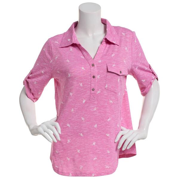 Womens Emily Daniels Elbow Sleeve Space Dye Flamingos Blouse - image 