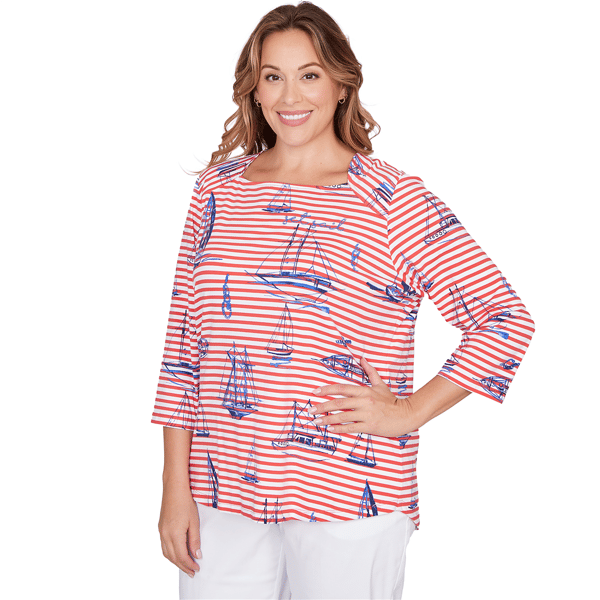 Plus Size Ruby Rd. Must Haves II 3/4 Sleeve Stripe Sailboat Tee