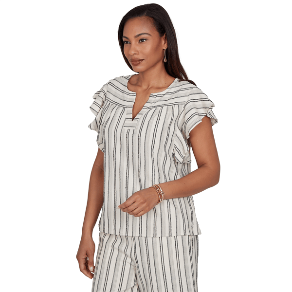 Womens Ruby Rd. Tropical Noir Flutter Sleeve Stripe Blouse