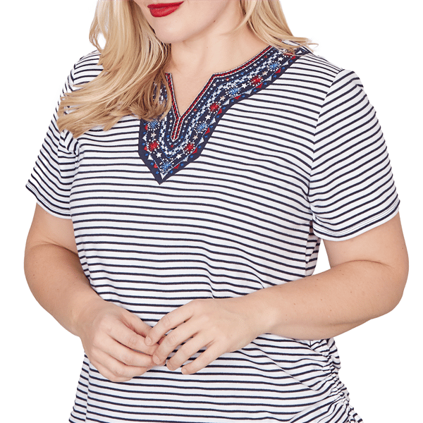 Petite Alfred Dunner Lady Liberty Embroidery Neck Blouse