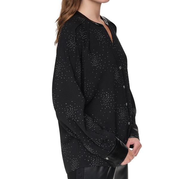 Womens DKNY Long Sleeve Firework Rhinestone Button Front Blouse