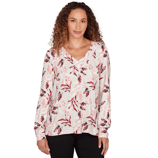 Womens Emaline Dusted Petals Long Sleeve V-Neck Top With Pintuck - image 
