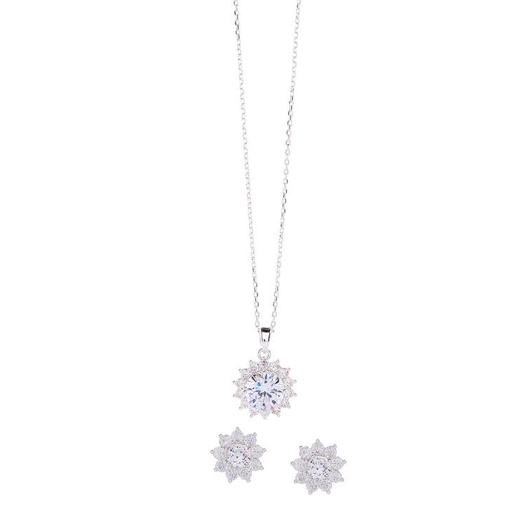 Design Collection Silver-Tone Halo Pendant Necklace & Earring Set