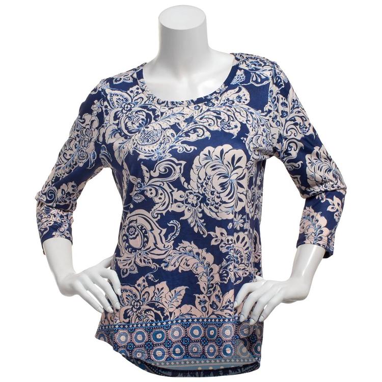 Womens OneWorld 3/4 Sleeve Geometric Floral Sublimation Tee