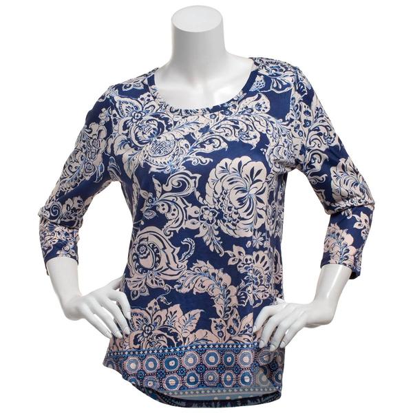Womens OneWorld 3/4 Sleeve Geometric Floral Sublimation Tee - image 