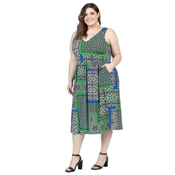 Plus Size 24/7 Comfort Apparel Scarf Print Fit & Flare Midi Dress