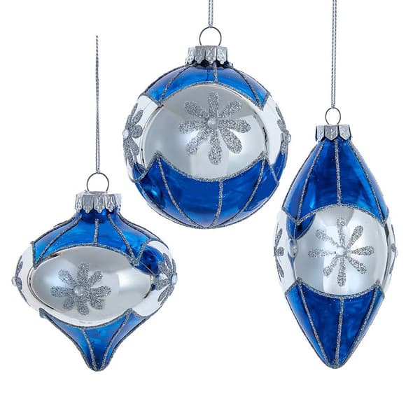 Kurt Adler 80MM Glass Blue Snowflake Ball 3pc. Ornaments Set - image 