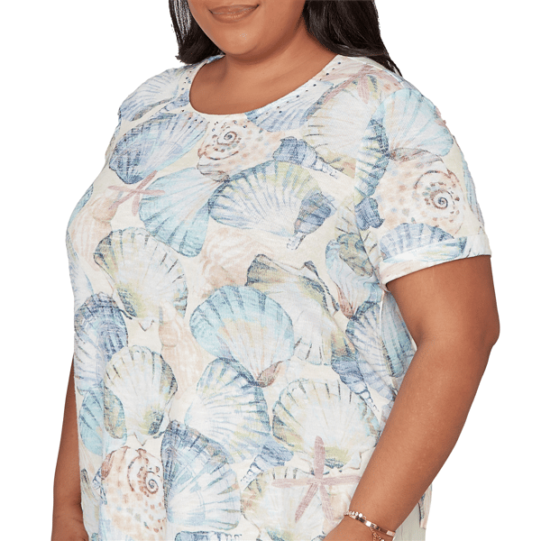 Plus Size Alfred Dunner Vintage Charm Round Neck Seashells Blouse